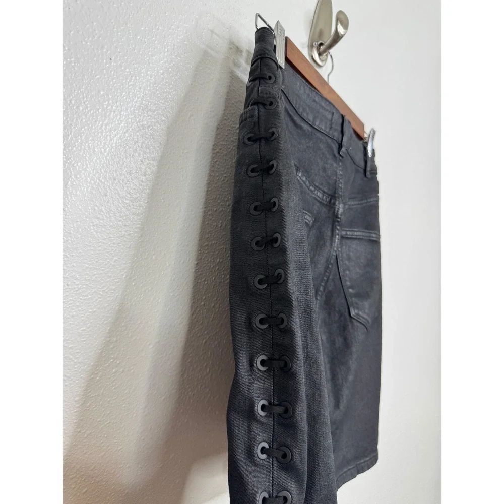 DL1961 Sandra Skirt Night Shine Black Coated Denim Lace Up Side‎ Mini Skirt M